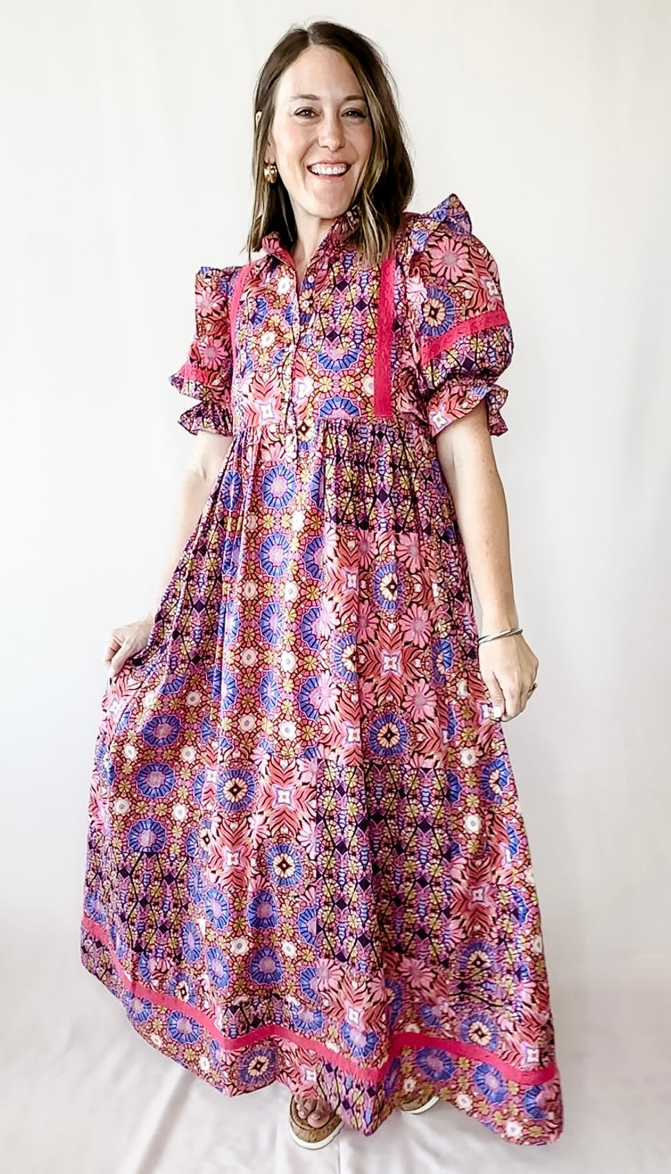 Kaleidoscope Puff Sleeve Tier Maxi Dress