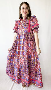 Kaleidoscope Puff Sleeve Tier Maxi Dress