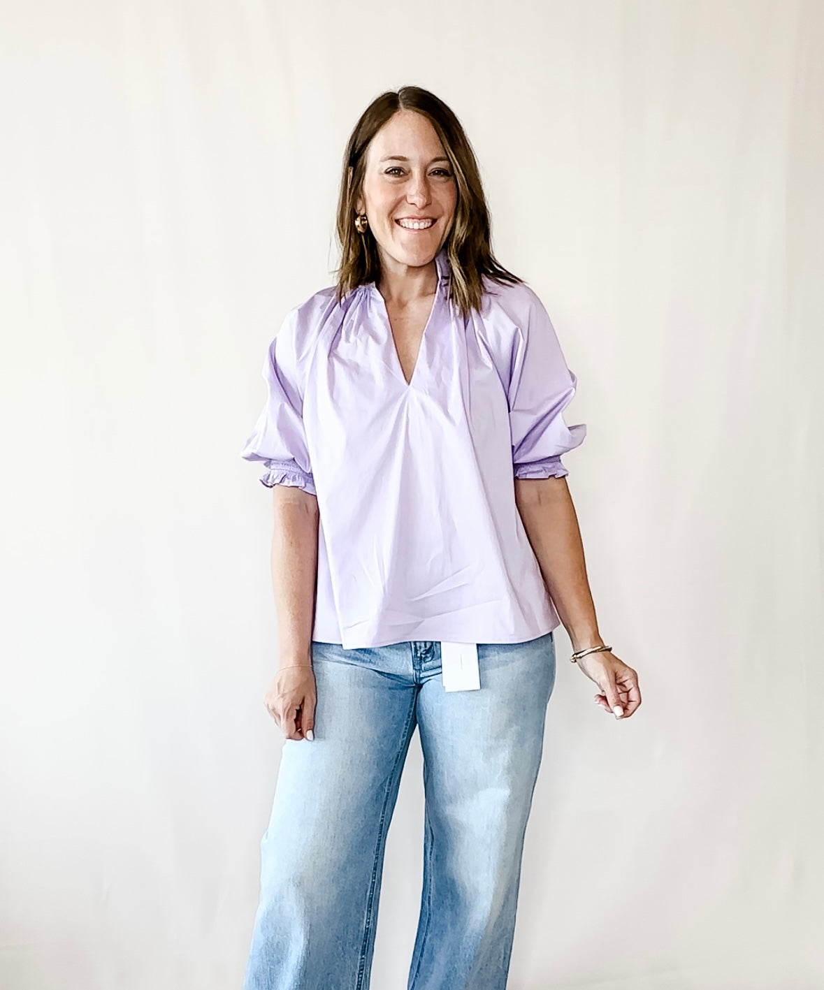 Solid V Neck Puff Sleeve