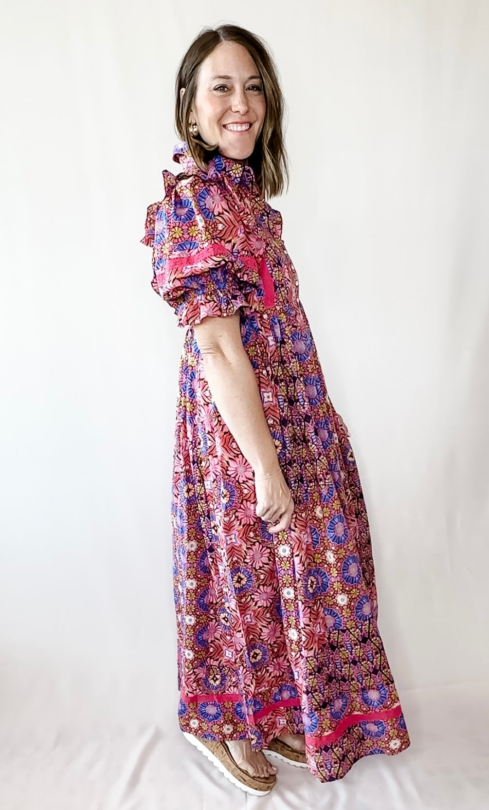 Kaleidoscope Puff Sleeve Tier Maxi Dress
