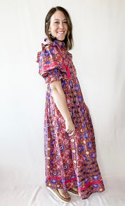 Kaleidoscope Puff Sleeve Tier Maxi Dress