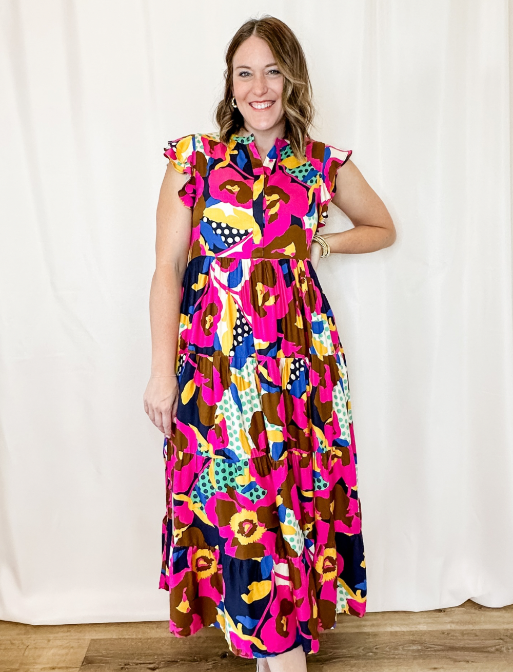 knee length dresses for ladies Umgee cream mix tiered midi dress bold floral botanical print K1864 –  rivers + roads boutique main image 1