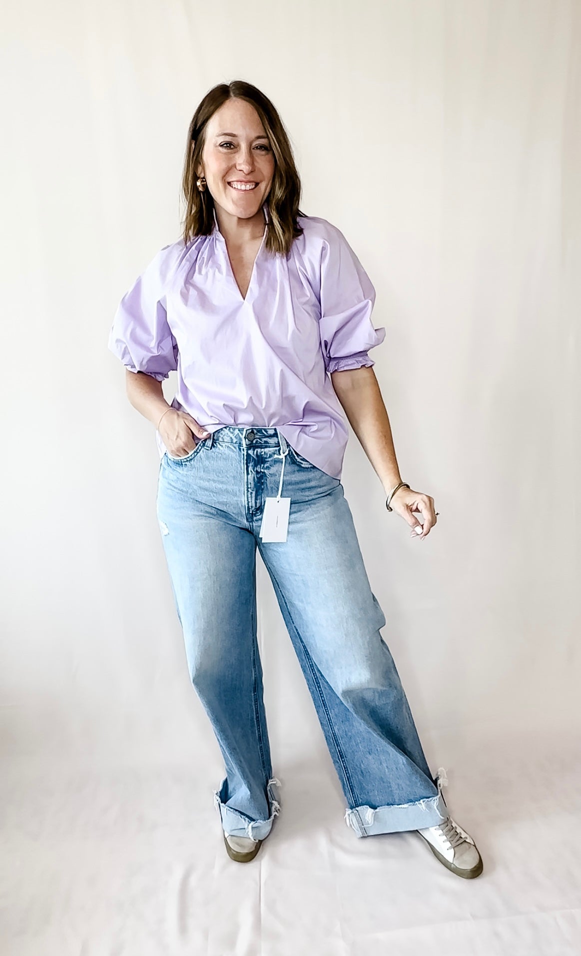 Solid V Neck Puff Sleeve