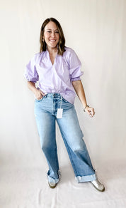 Solid V Neck Puff Sleeve