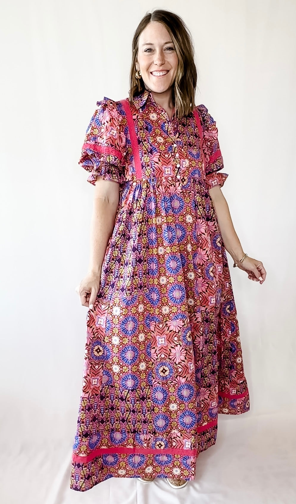 Kaleidoscope Puff Sleeve Tier Maxi Dress
