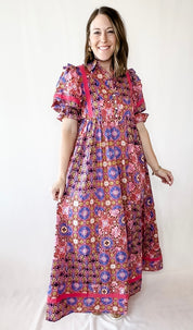 Kaleidoscope Puff Sleeve Tier Maxi Dress