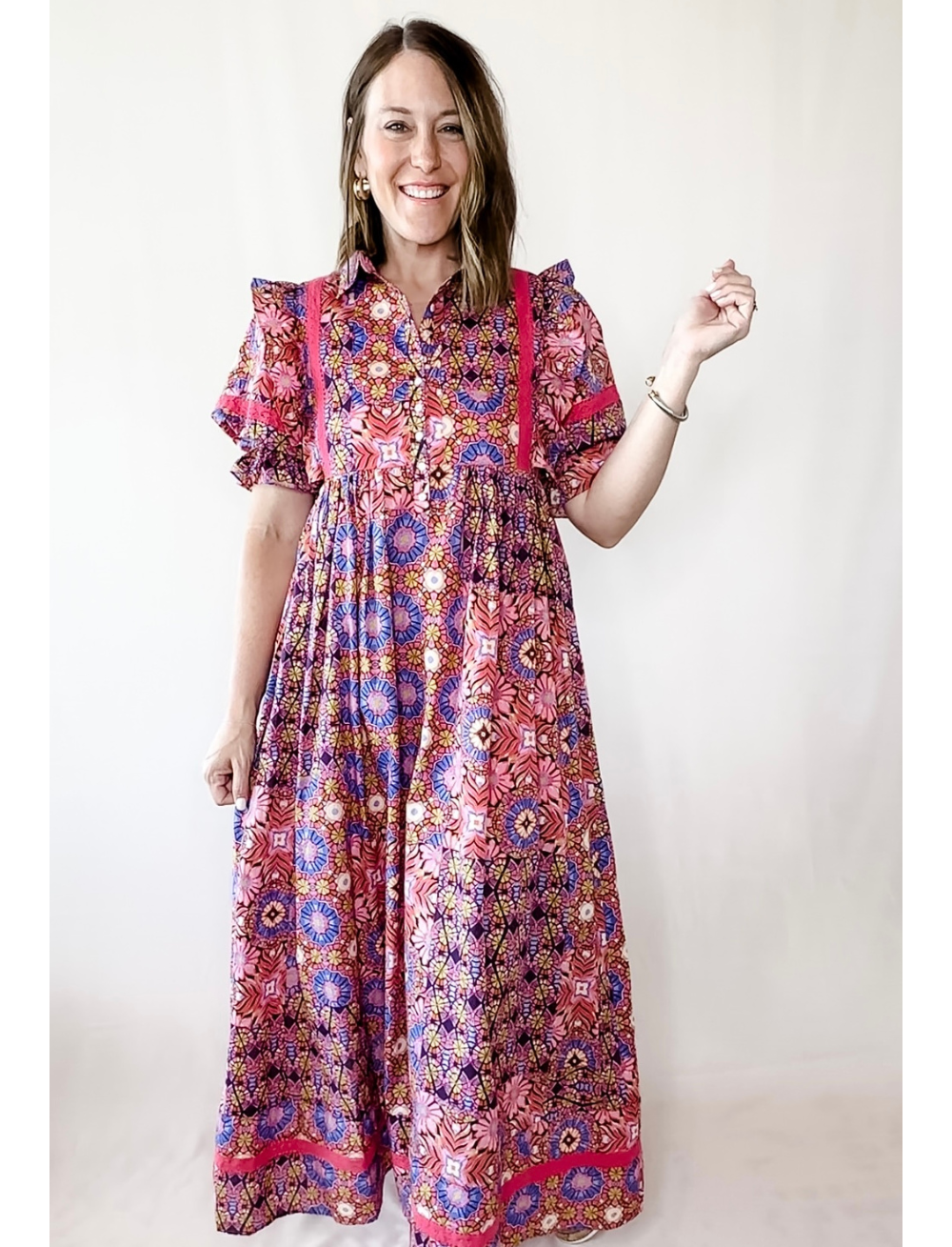 Kaleidoscope Puff Sleeve Tier Maxi Dress