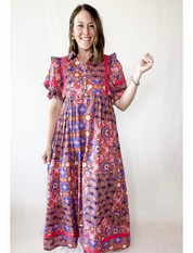Kaleidoscope Puff Sleeve Tier Maxi Dress