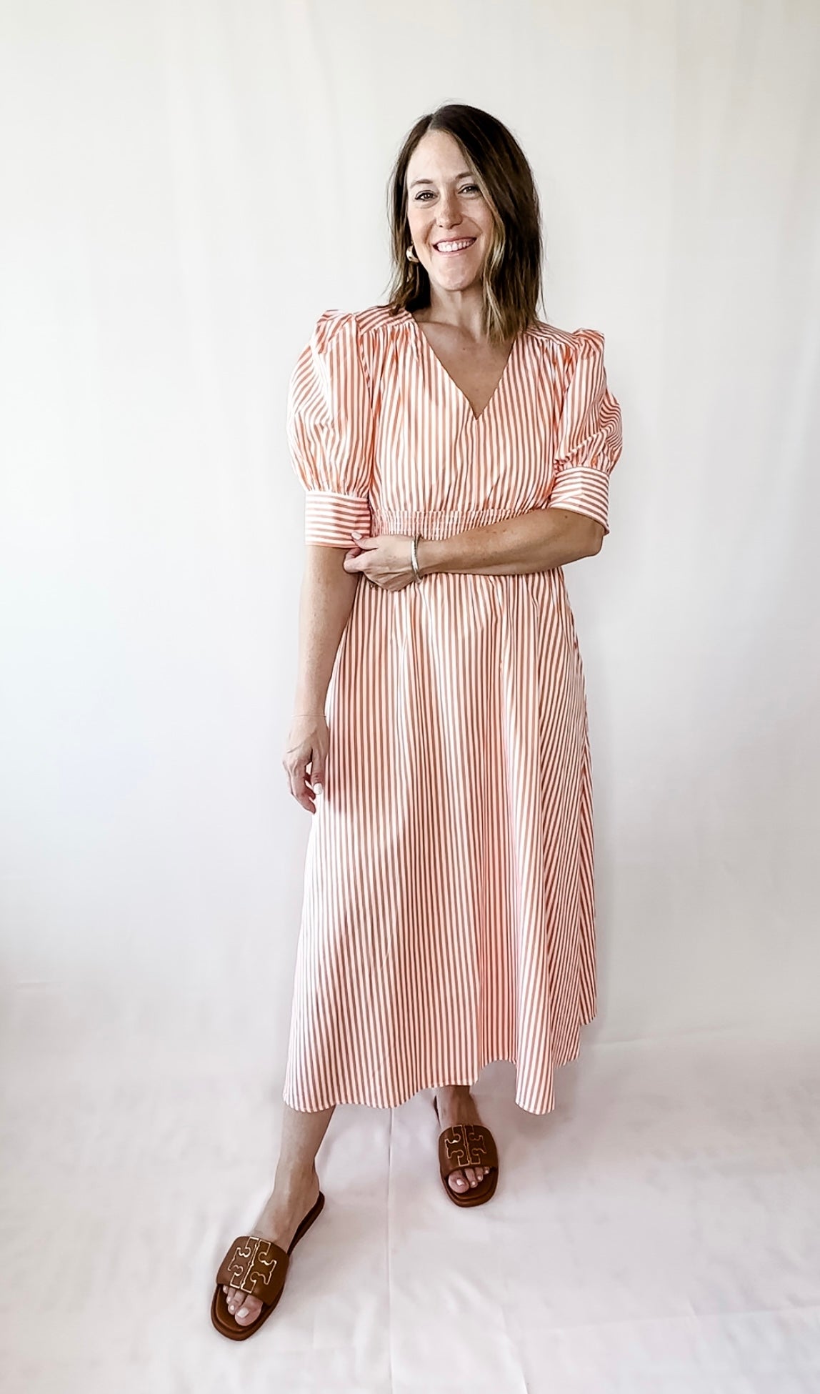 Stripe Poplin V Neck Dress