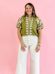 Olive Pop Puff Sleeve Top