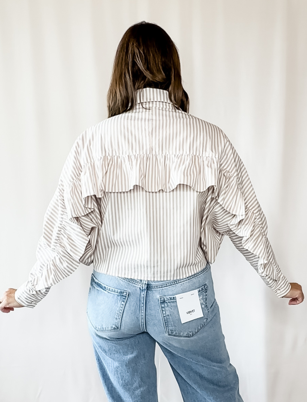 Stripe Poplin Ruffle Back Button Up Top