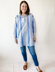 Fall Stripe Poplin V Neck Oversized Tunic