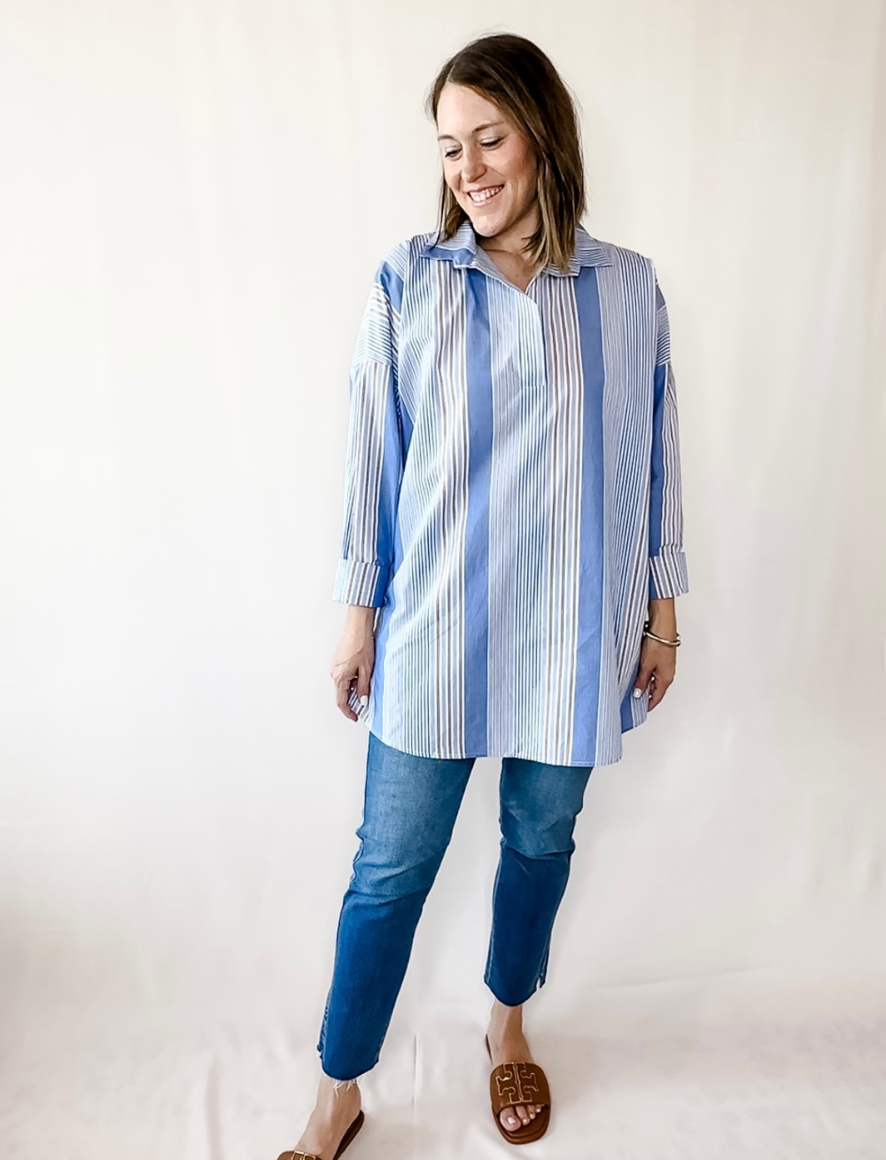 Fall Stripe Poplin V Neck Oversized Tunic