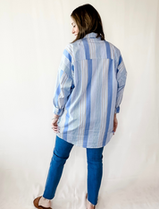 Fall Stripe Poplin V Neck Oversized Tunic